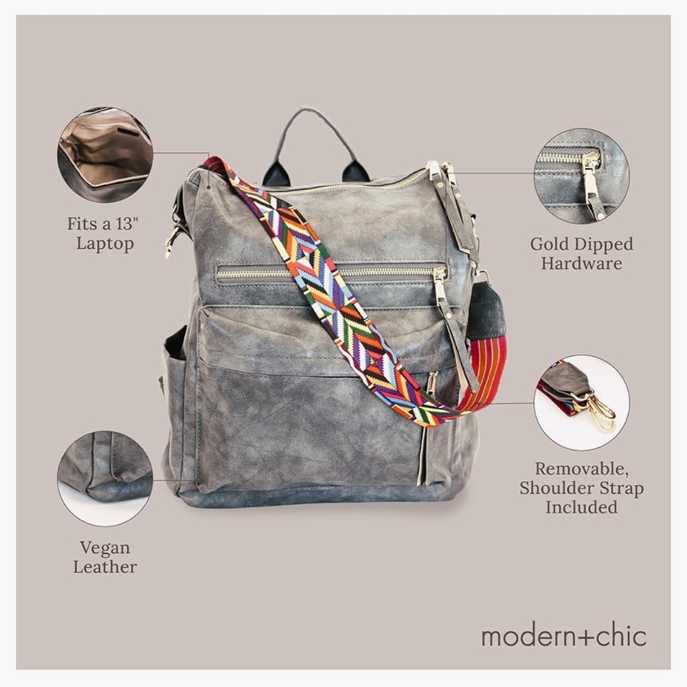 modern+chic Brielle Convertible Backpack, Grey - Picture 6 of 7
